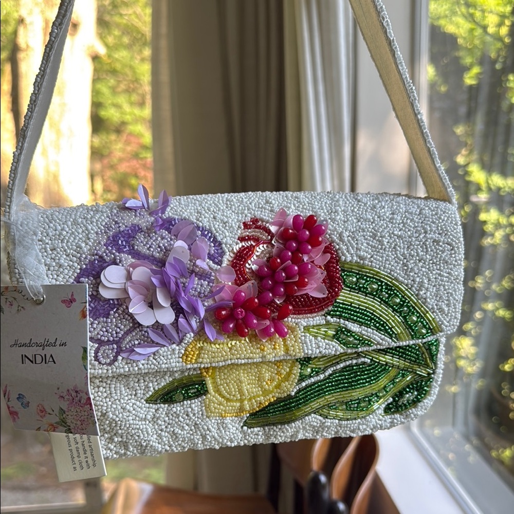 Handcrafted Floral Beaded Bag - White, Purple, Red, Yellow, Green